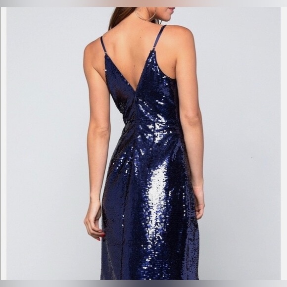 BEBE Blue Sequin Wrap Ruffle Dress - Sz L adjustable straps - Picture 1 of 12